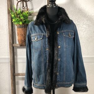 Dennis Basso Denim Faux Fur Vest Jacket Denim Jean Coat with Vest